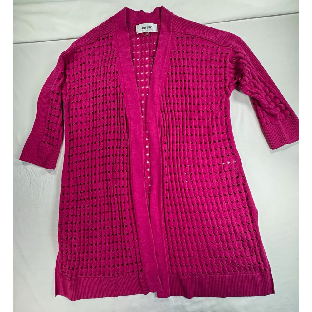 Jones Studio Women's 1X Plus Pink Solid Open-Knit V-Neck 3/4 Cardigan Sweater